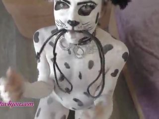 Perky girl In Dalmatian Costume Playfully Rides Cavalier's Big shaft