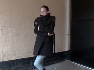 Hot to trot lassie pisses in leggings and shows her tits in public