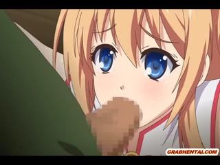 Roped busty anime coed sucking bigcock