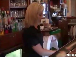 Blonde barmaid earns some for sex in bar