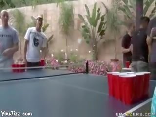 Brunette woman plays table tennis and fucks